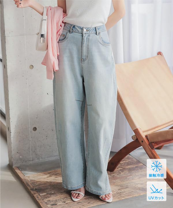 Denim Wide Leg Curved Summer Cool Cocoon Jeans S Black [Kobe Lettuce] Cool-touch Pants, Fit, Women's Clothing, [M4106]