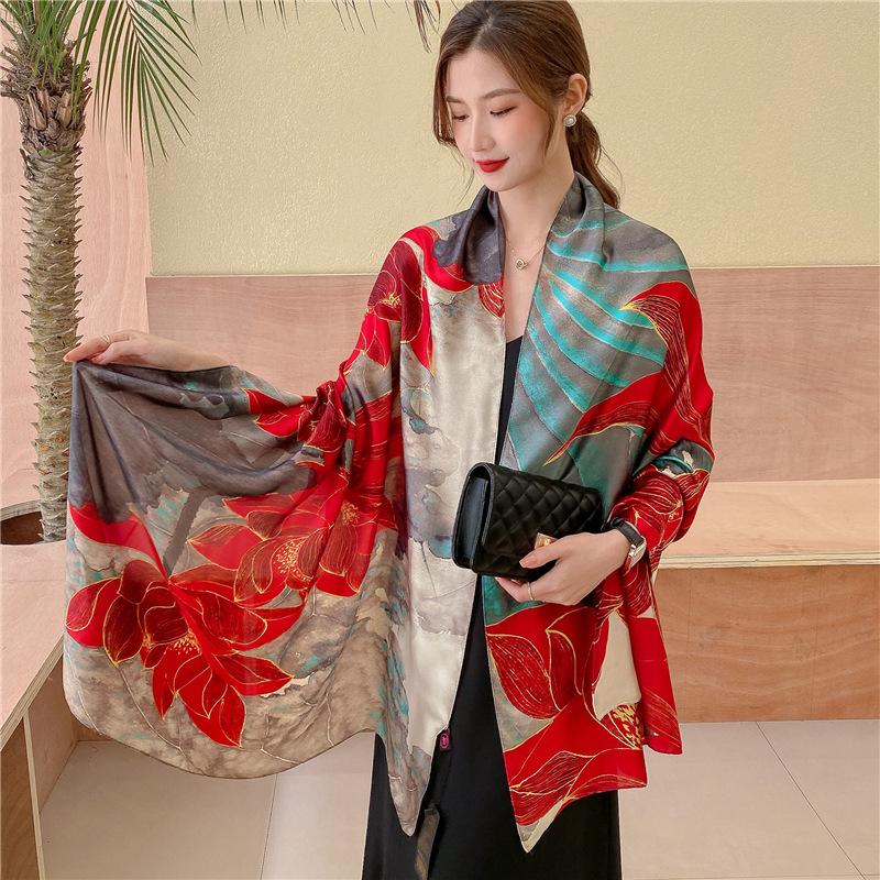 New printed silk scarf women's sunscreen shawl long large size encrypted brocade autumn and winter scarf thin shawl