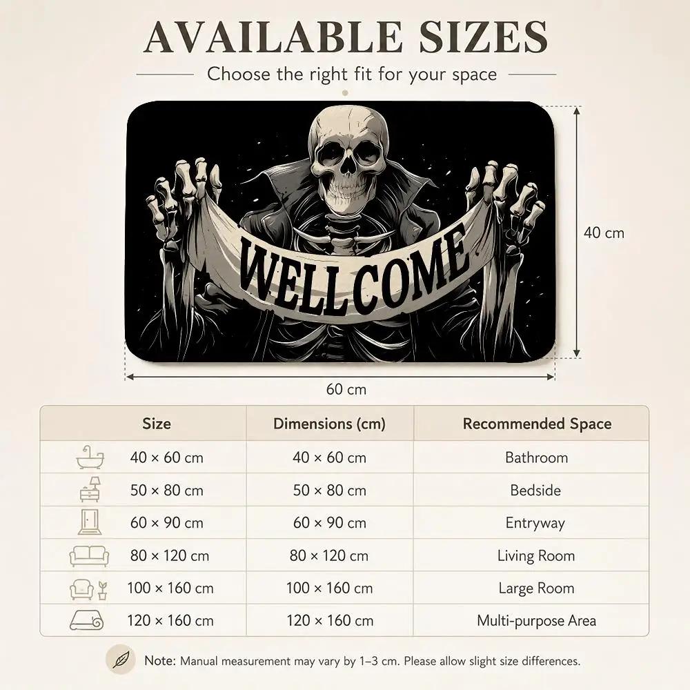 Dark Skeleton Halloween Banner Signs Floor Mat Festive Decorative Flannel Non-Slip Washable Mat for Entry & PartyParty-Ready