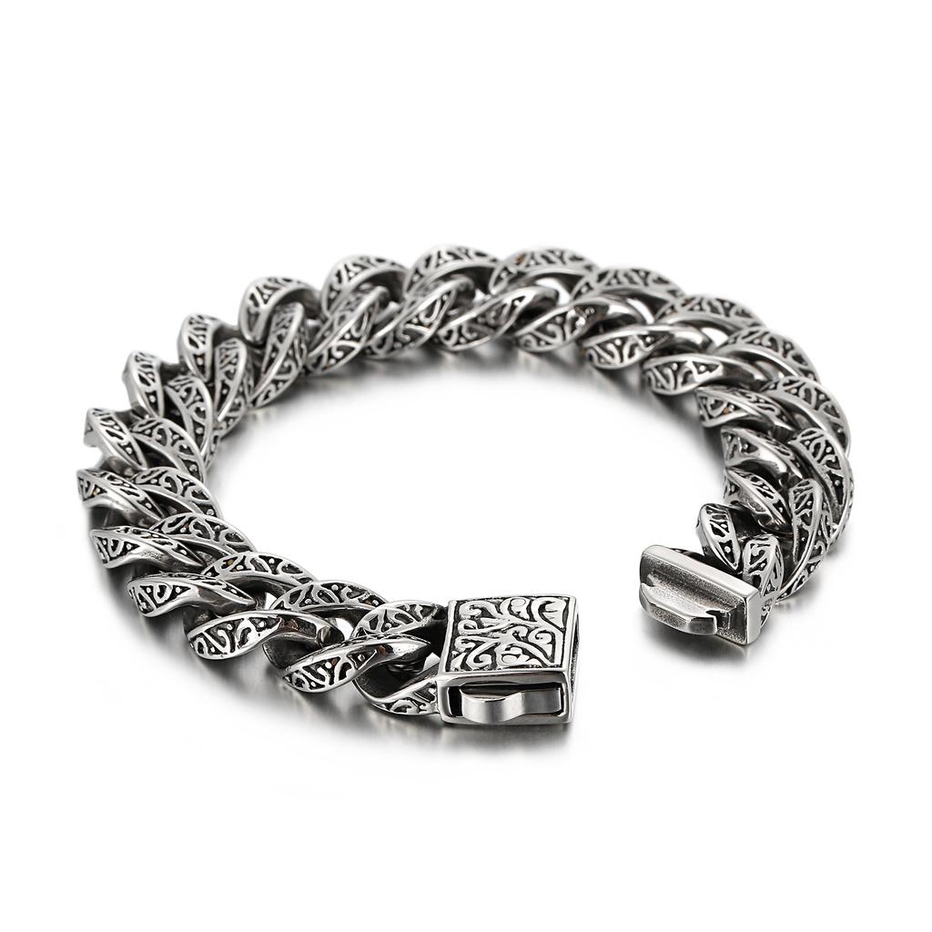 Vintage Sculpture Cuban Cuff Bracelet Stainless Steel Custom Charms Curb Link Chain Men Bracelets