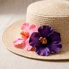 Foldable Flat Top Straw Sun Hat with Frangipani Flower Decoration for Beach Travel