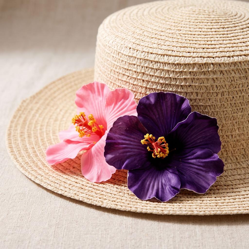 Foldable Flat Top Straw Sun Hat with Frangipani Flower Decoration for Beach Travel