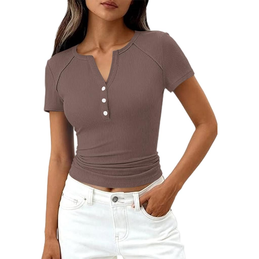 Damenmode Lässig Farbe Neu Kurzarm Dekorative Knöpfe V-Ausschnitt T-Shirt Top