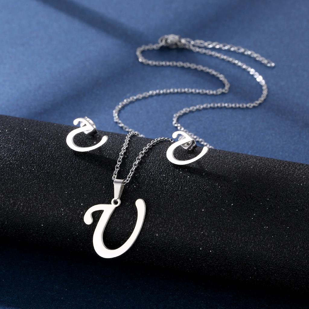 Fashion Alphabet Necklace And Earrings Set Shiny Colorfast Pendant Choker Jewelry