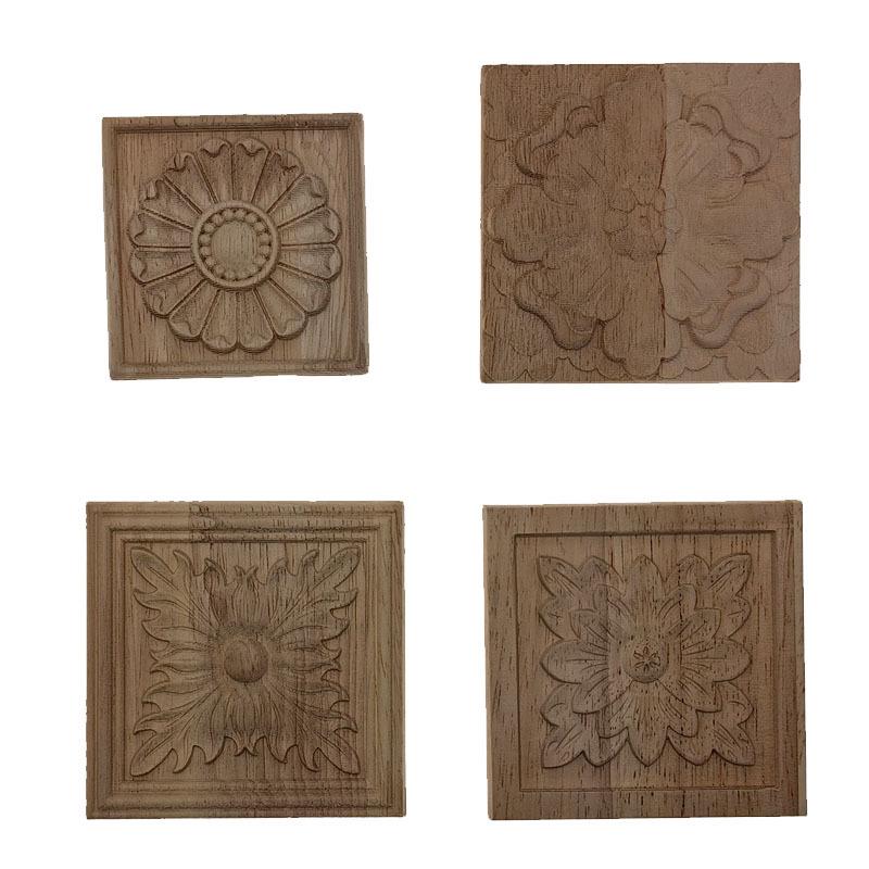 European Solid Wood Relief Carving: Square Rubber Wood Floral Patch for Cabinet Decoration