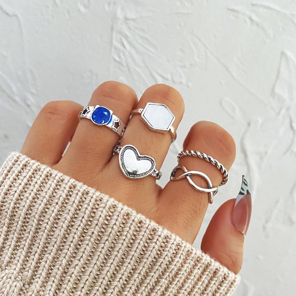 Módní Retro Ring Set Ženy Punk Metal Jednoduchá Osobnost Star Love Heart Ring Šperky dárek