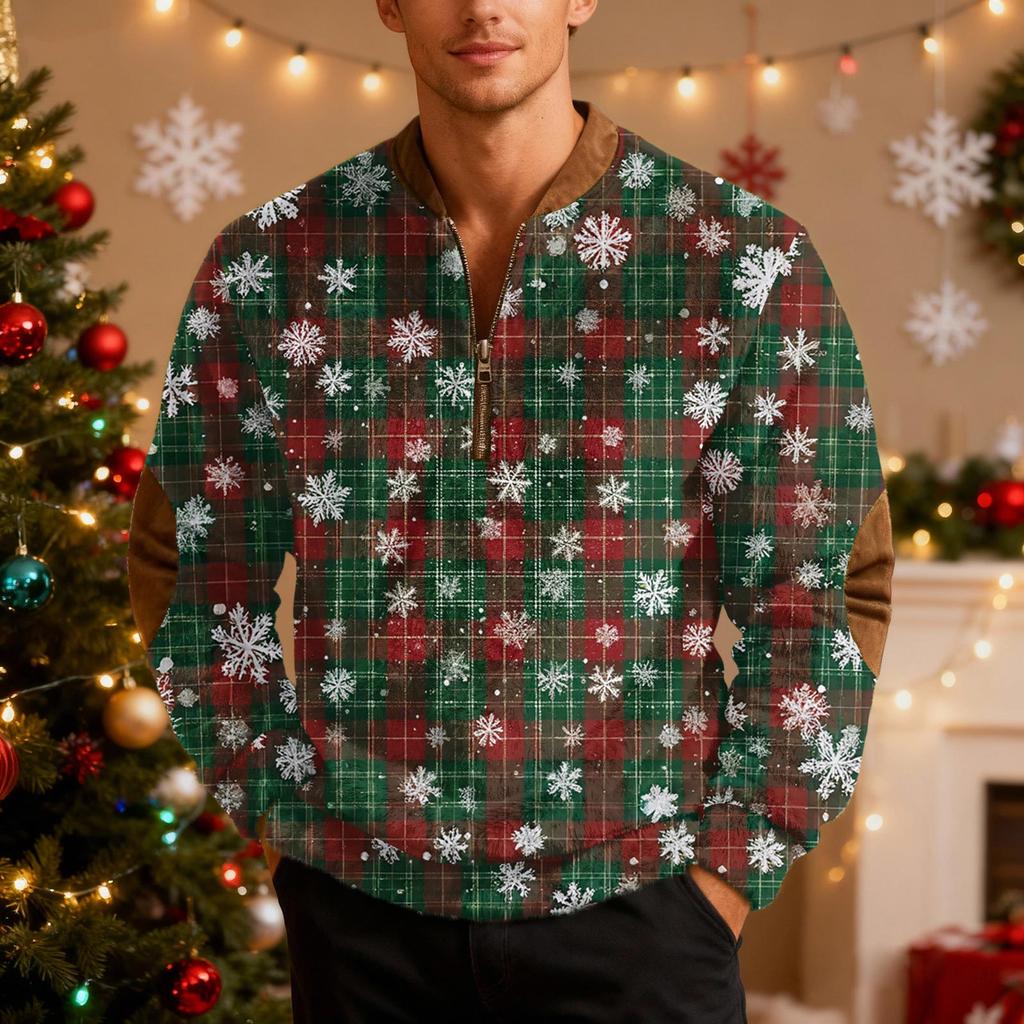 Mens Christmas Zip Up Sweatshirts Xmas Stand Collar Pullover Tops