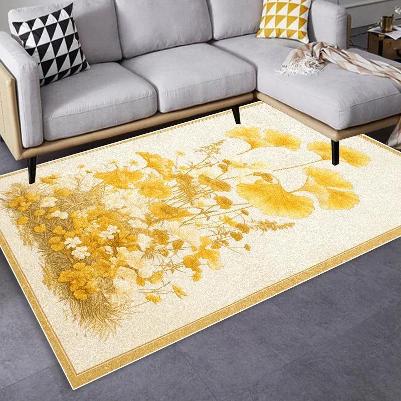 Luxury Nordic Golden Floral Rug - Soft Fluffy Non-Slip Washable Carpet for Living Room Sofa Side Bedroom Mat for Home Office