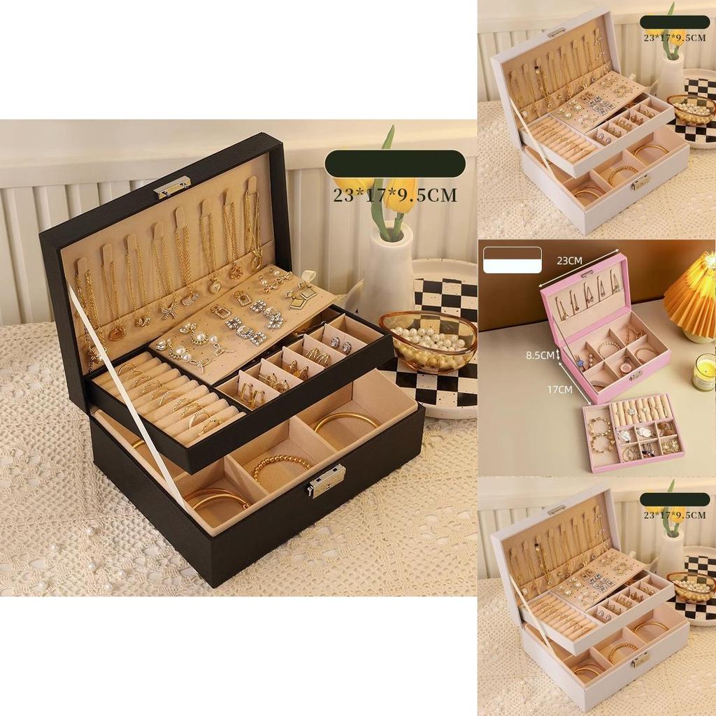 Classic Leather Jewelry Box With Multiple Layers For Elegant Storage Of Earrings Rings And Necklaces