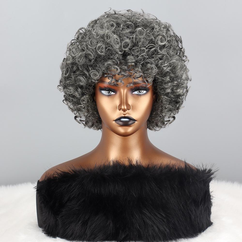 LISI HAIR Afro Kinky Curly Perücken mit Pony, synthetische Perücken für natürliches Haar, silbergraue Perücke, Cosplay, hitzebeständige Faser, flauschige Perücke