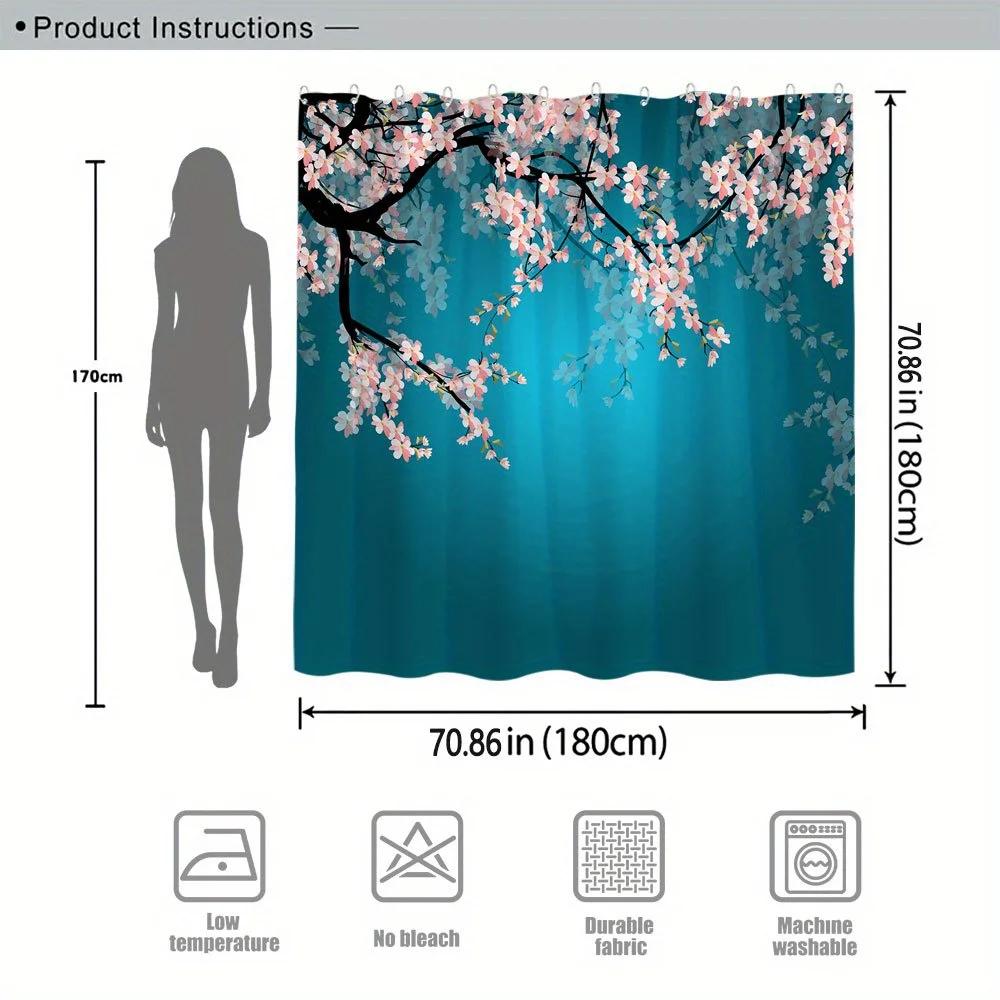1Pc Cherry Blossom Shower Curtain With Gradient Teal Background - Serene Pink Blossoms On Curved Branches, Minimalist Aesthetic,