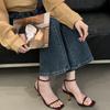 European and American Small Gold Bars Poplar Woods Square Head High Heel One-word Sandals Sexy Thin Heel Open-toed Women's Shoes Simple Cross Straps