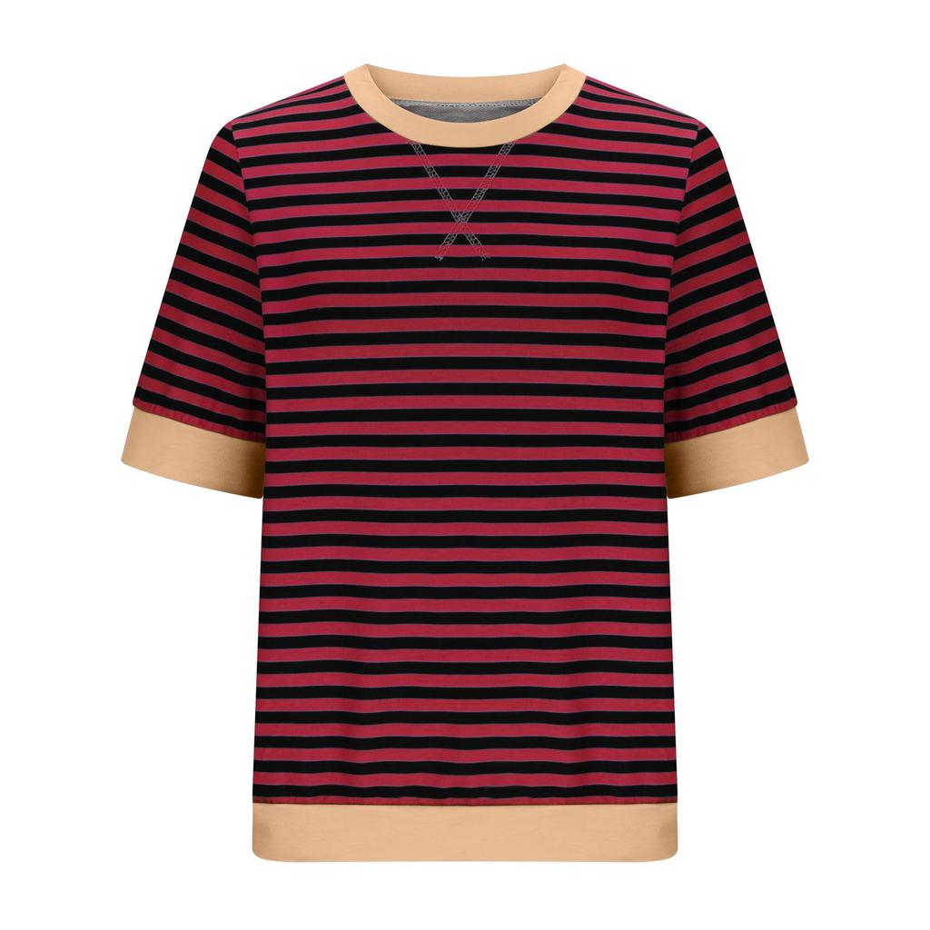 Women's Summer Striped Print Short Sleeve Round Neck T-Shirt Clothes Sale