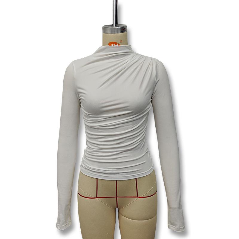 Women's Fall Solid Color Slim-fit Long Sleeve Base Top Sexy Spice Pleated Tight T-shirt