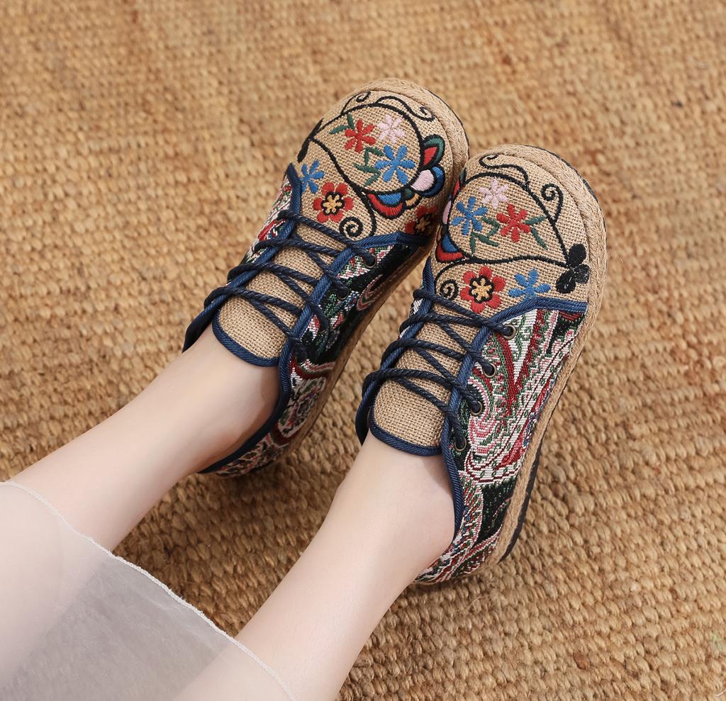 Women's Shoes Round Head Lace Up Cotton Linen Canvas Single National Woven Round Toe Lace Up Cloth Shoes Woman Flats