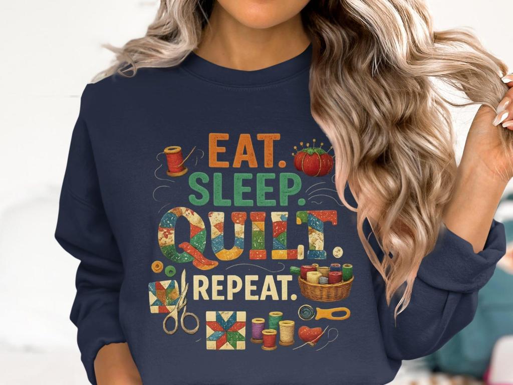 Quilting Hobby Tee Shirt: Eat Sleep Quilt Repeat, Vintage Crafting Illustration (Cotton Fabric, Everyday Wear)