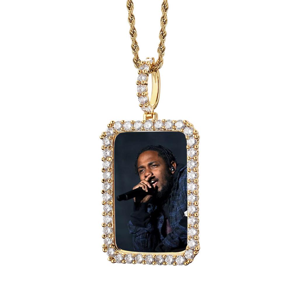 European & American Hip Hop Zircon-Embedded Square Photo Frame Necklace - Custom Image Trendy Street Style Pendant