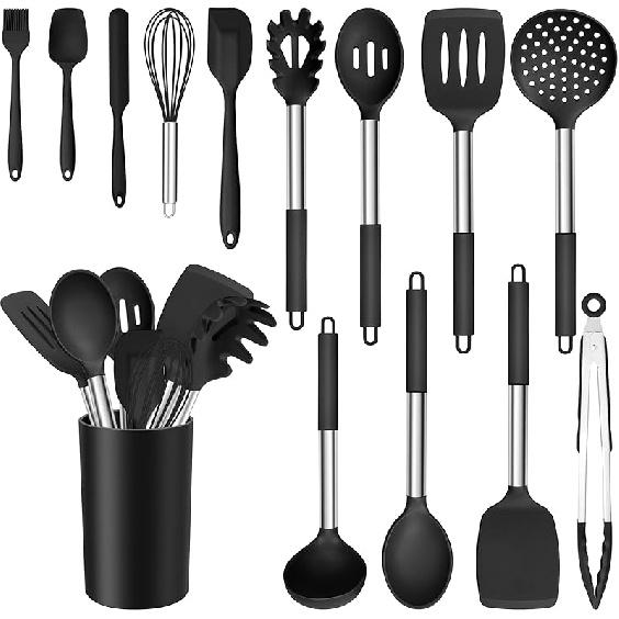 E-far Набор из 14 силиконовых кухонных принадлежностей, Набор кухонной утвари с подставкой, Лопатка, Половник, Ложка, Щипцы, Шумовка для посуды с антипригарным покрытием,
