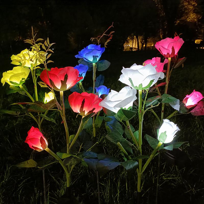 3-head Solar-powered Rose Flower Lights Garden LED In-ground Lamps Courtyard Decoration Rose Lawn Lights IP44 CE Certified