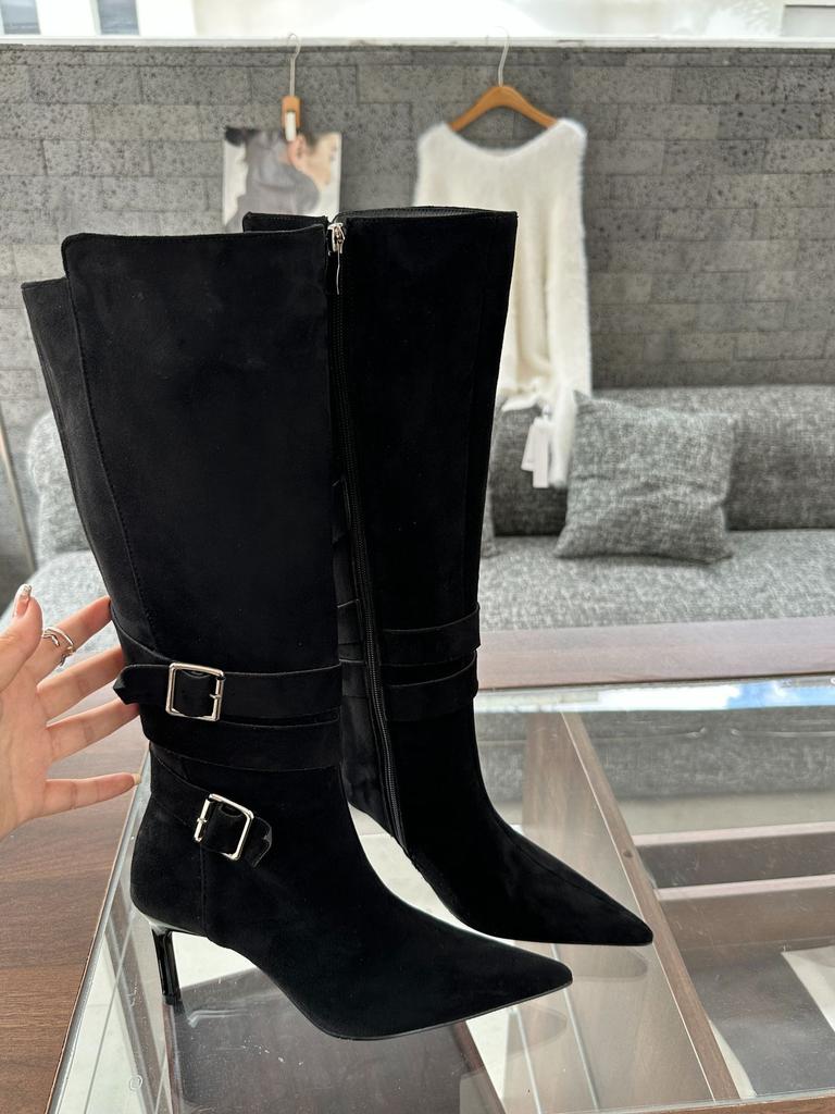 Pointed thin heel thin boots stacking boots 2025 belt buckle Korean version wrinkled high heel boots thin boots women