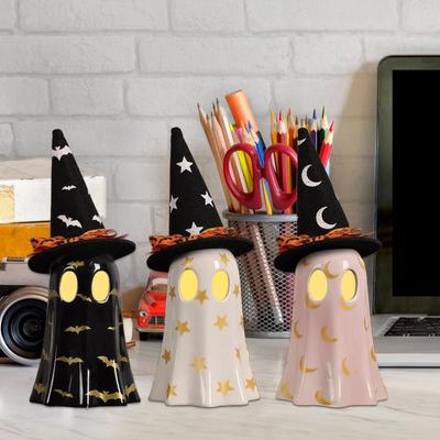 Geisterstatuen Halloween Skulptur Harz Geisterfigur mit Hexenhut für Schreibtisch Innen Kaminregal Tisch Kamin Zuhause Bücherregal
