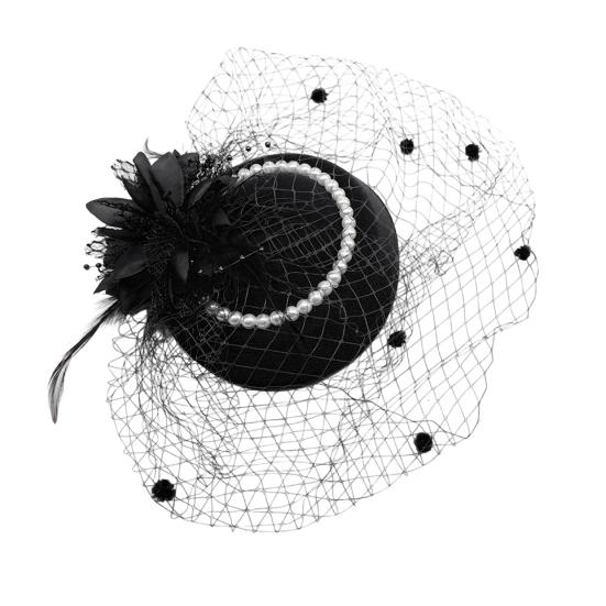 Vintage Style Pillbox Hat with Faux Pearls Mesh Feather Decor Hair Topper Headwear Weddings Events Hair Accessories