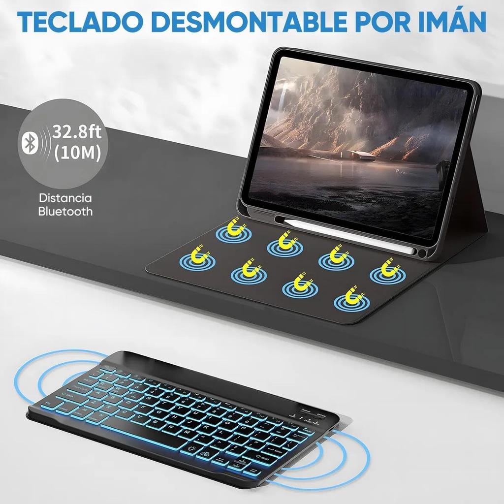 Compatible Backlit Bluetooth Keyboard Case with Pen Slot for iPad 10th Gen - Spanish Layout & 11th Stand Shell