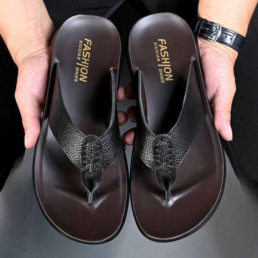 

Мужские летние сандалии шлепанцы кожаные дышащие нескользящие пляжные тапочки 44