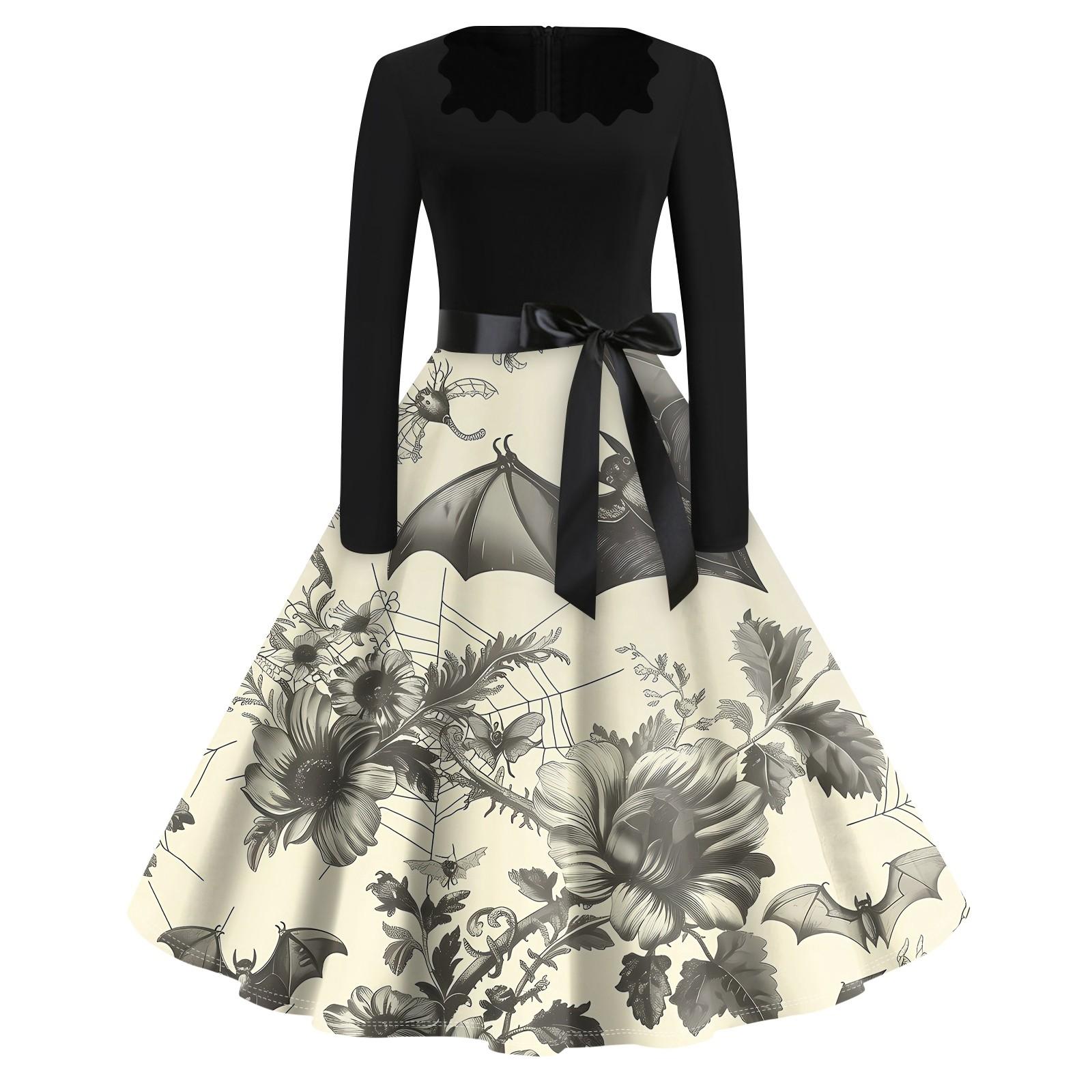 

Платье с расклешенным принтом на Хэллоуин для женщин, платье с длинным рукавом, полые вечерние повседневные платья XL