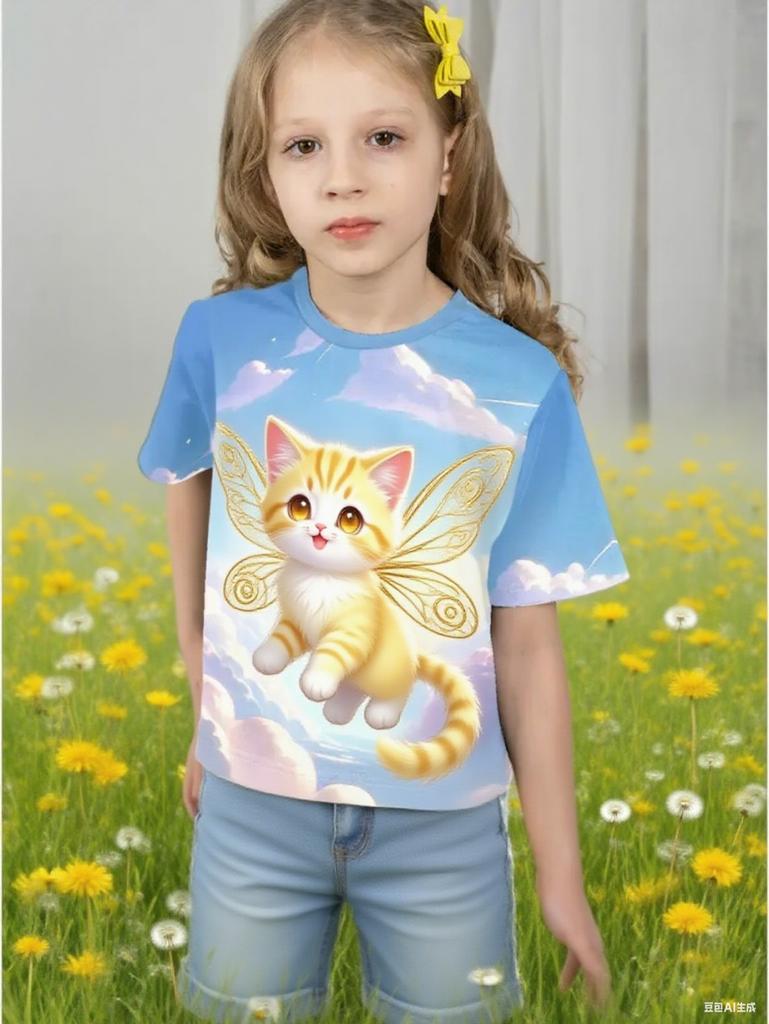 Girl Clothes Cute Wing Cat 3D Print Short Sleeve Tees Casual Round Neck Kids T-Shirt Tops Fashion Streetwear Children's Clothing