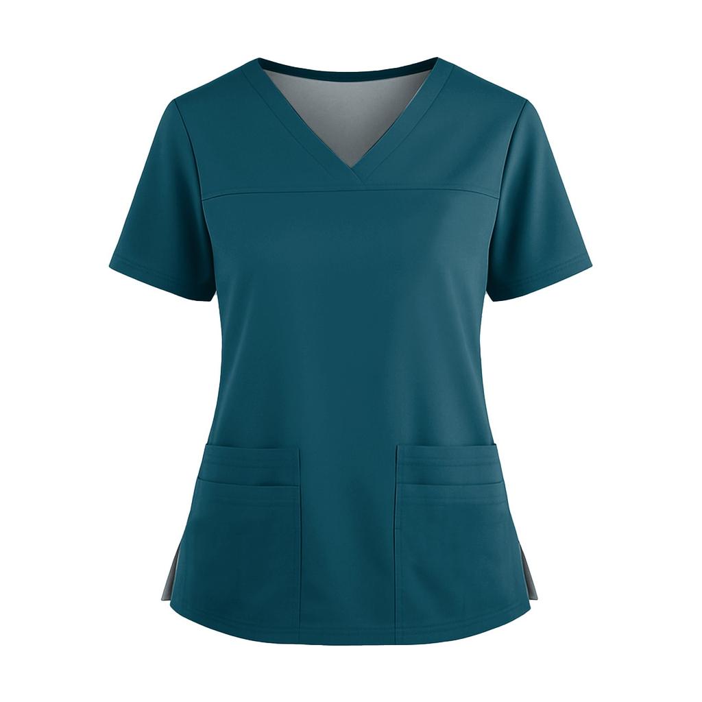 Women's Uniform Color V-Neck Pocket Side Slit Uniform Short Sleeved Top Top