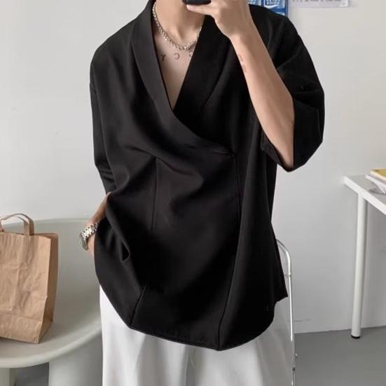 Männer Sommer Hemd V-ausschnitt Lose Baggy Einfarbig Weiche Hip Hop Halbarm Weiche Atmungsaktive Casual Pullover Streetwear Friseur top