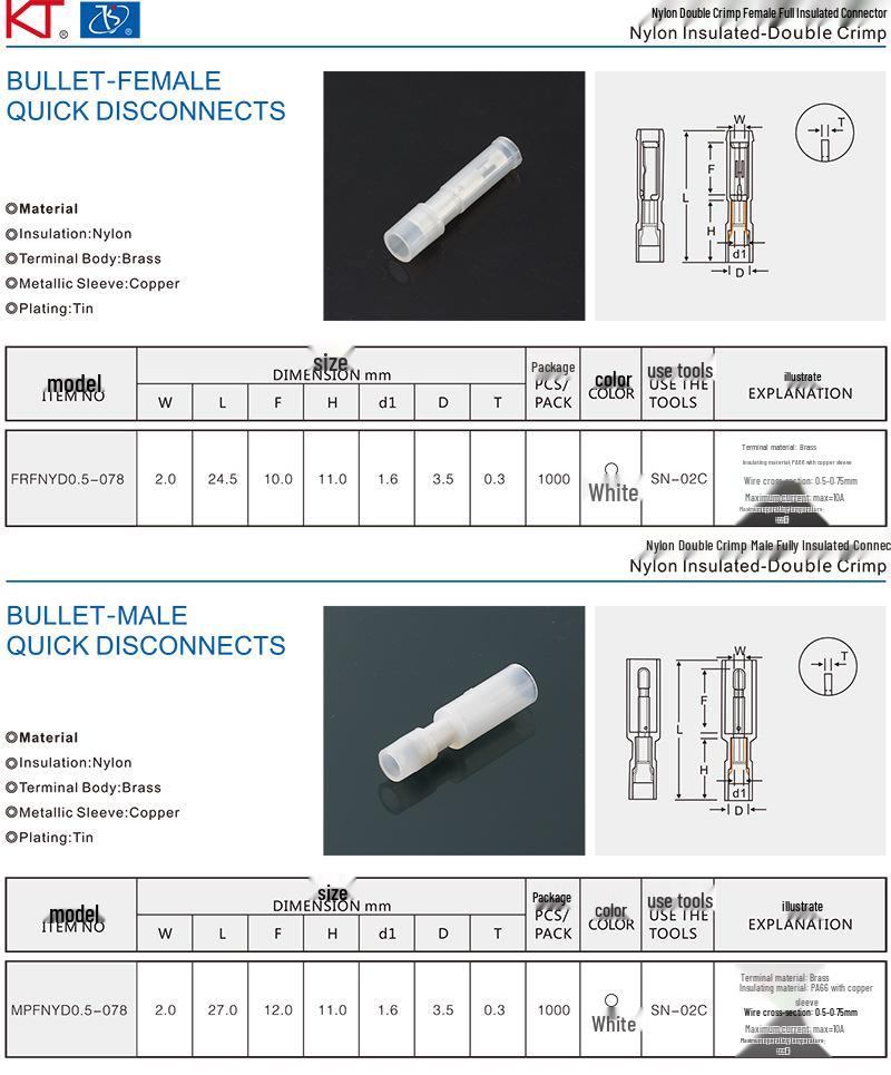 KT Nylon Bullet Double Crimp Male Fully Insulated Connector (0.5-078) Cold Crimp Terminal