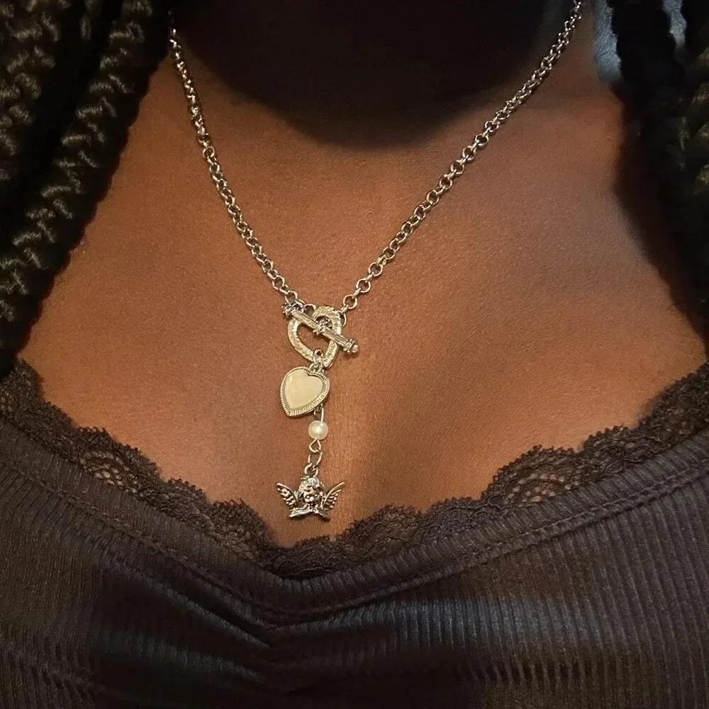 Y2K Retro Kpop Copper Color Pendant Necklaces for Women Gothic Zircon Heart Cross Tassel Necklace Punk Clavicle Choker Zircon