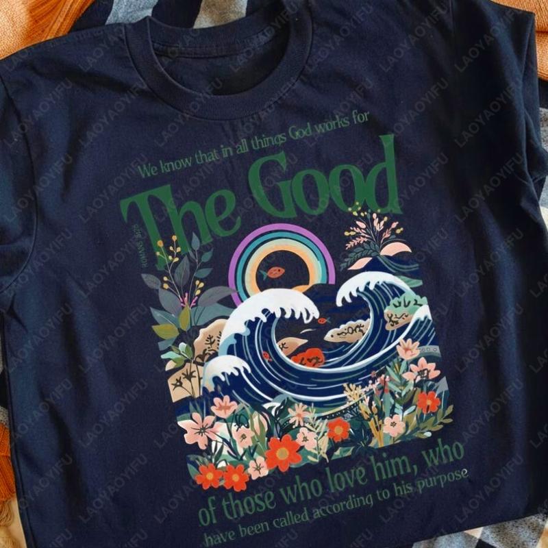 Christian Bible Unisex Cotton Tshirts All Things Work for Good Scripture Tee Faith Floral Ocean Oneck Printed Women Tops Gifts