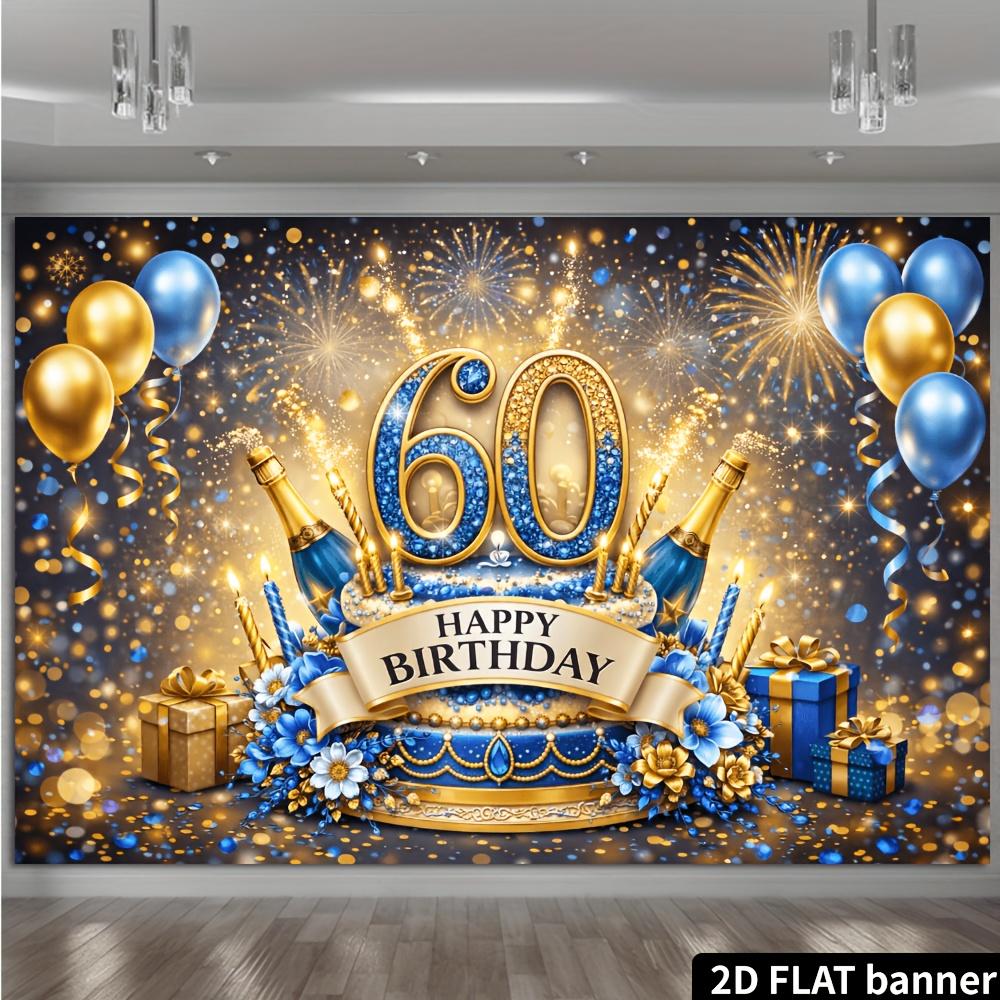 2D-Ebene 60. Geburtstag Party Banner Hintergrund - blau und gold Sektkuchen Thema mit Ballons