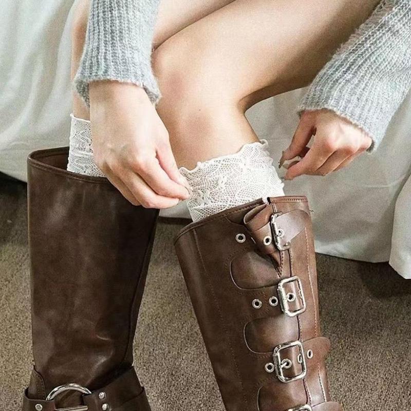 Women Sweet Lace Patchwork Ruffle Frilly Over Calf Socks Japanese JK Girls Ballet Style Solid Color Long Tube Boot Socks