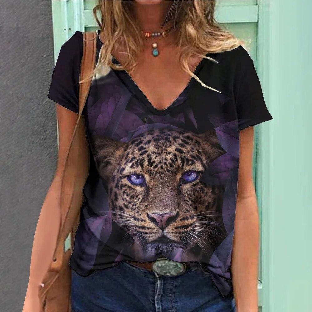 Summer V-neck 3D Animal Pattern Printed Top Fashionable Casual Short Sleeved Women's T-shirts