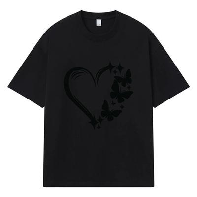 2026 Camiseta Masculina Casual Oversized de Verão com Estampa Gráfica de Coração com Borboletas Estilo Y2k Harajuku Streetwear 100% Algodão