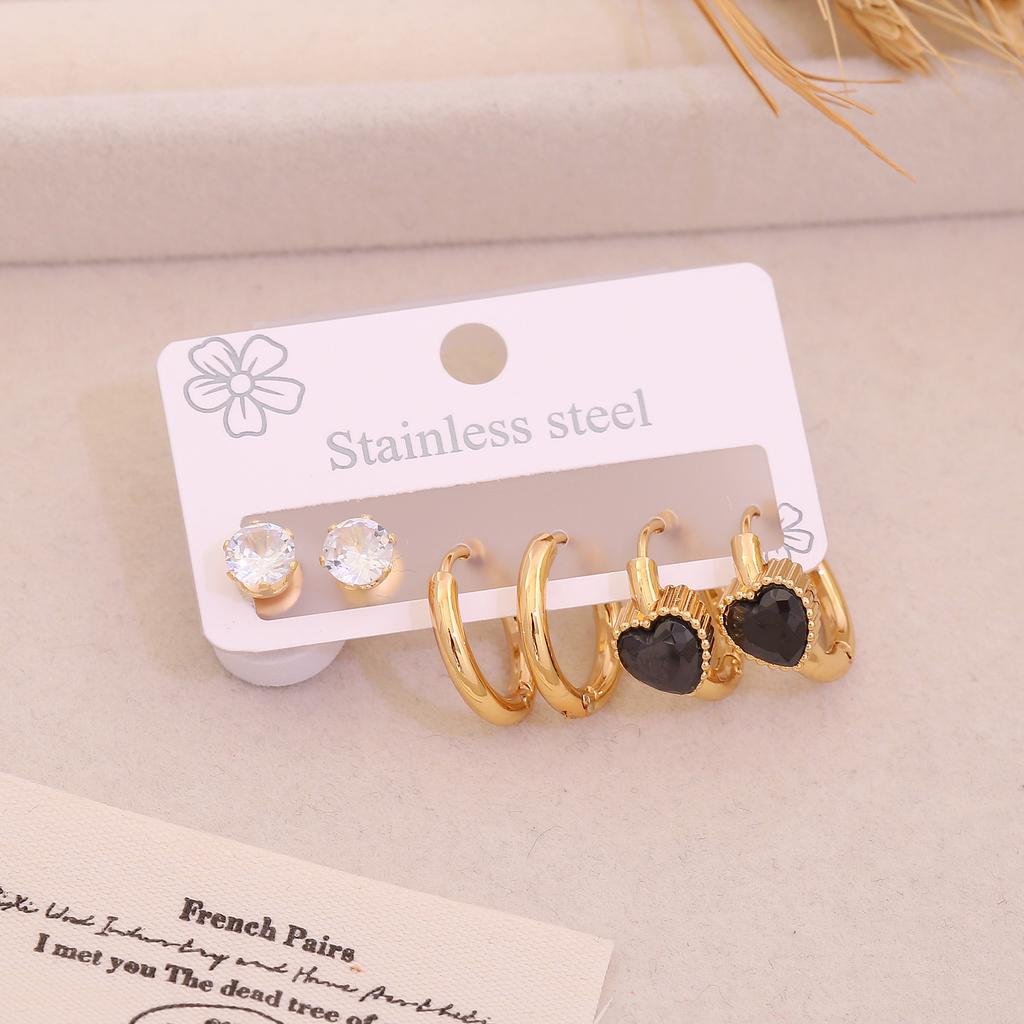 3 Pairs Set Rhinestone Heart Hoop Earrings Fashion Stainless Steel Ear Jewelry Niche Elegant Ear Studs