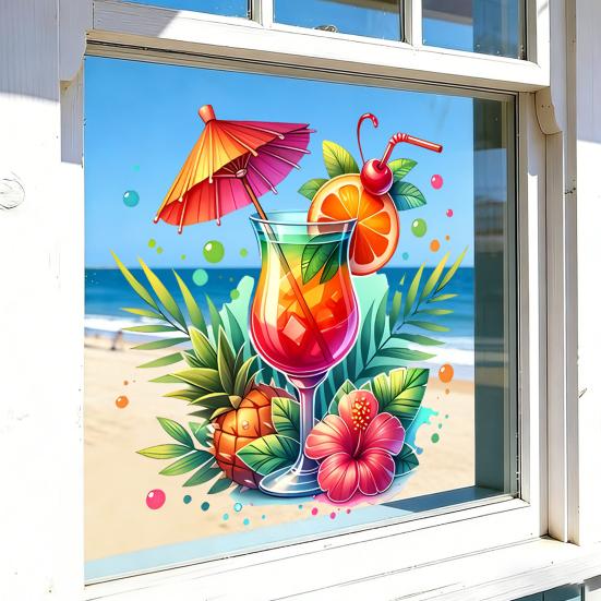 Summer Window Clings Cocktail Pineapple Hibiscus Flower Beach Pool Party Static PVC Stickers for Hawaiian Tropical Theme Home Decor