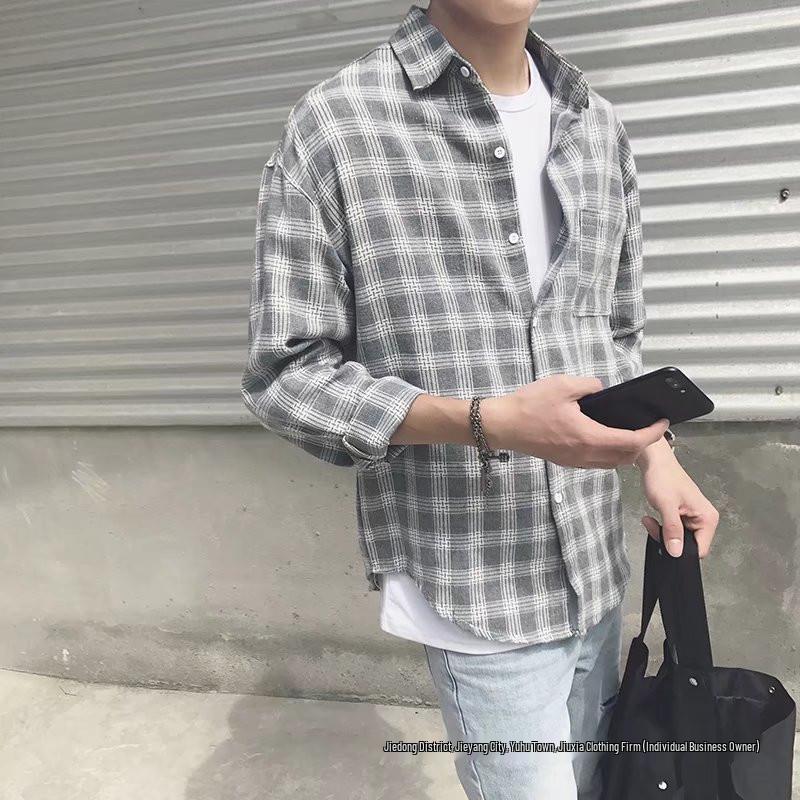 Men's Korean-Style Plaid Shirt - Long Sleeve, Loose Fit, Trendy Autumn Jacket