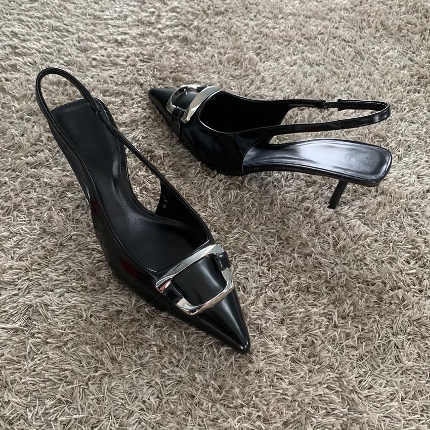 Scarpe Scarpe Nere in Pelle Donna Scarpe con Tacco Slingback Punta Acuta Tacchi Alti Stiletto Sexy Scarpe da Festa Tacchi Donna
