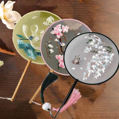 Round Double Sided Embroidery Fan Chinese Style Wooden Handle Embroidery Round Fan Tassels with Pendant Hanfu Hand Fan