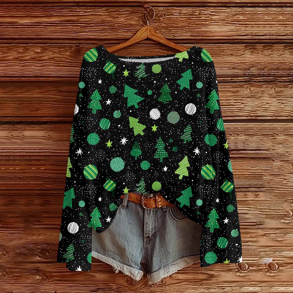 Women's Casual Fashion Round Neck Top Christmas Print Long Sleeve Knit Pullover