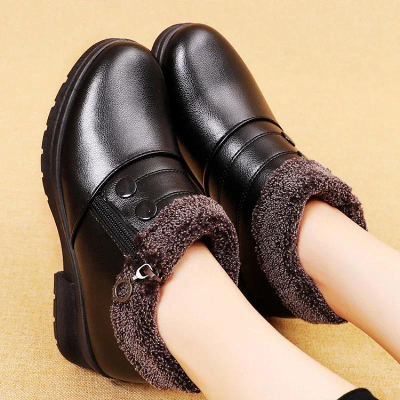 Fashion Women Ankle Short Boots Waterproof Snow Boot Shoes Women Casual Lightweight Warm Winter Soft Leather Elderly Shoe Zapatos Mujer