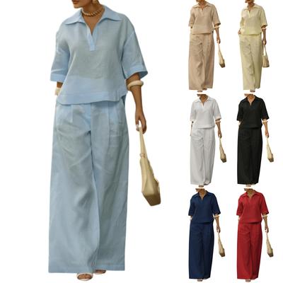 Women's Casual Two-piece Collar Top And Wide Leg Pants Set