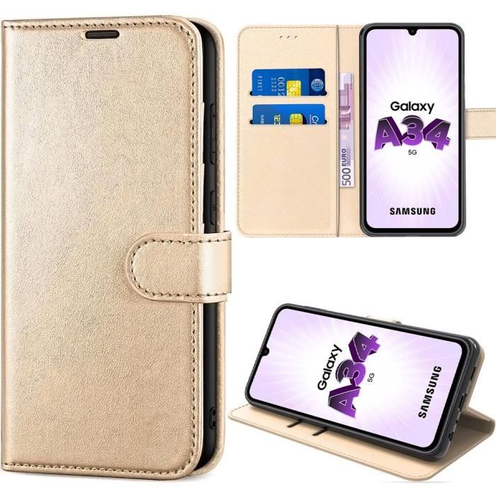 Coque de protection - BOOLING - pour Samsung Galaxy A34 5G - Effet cuir doré - Support de visionnage - Antichoc