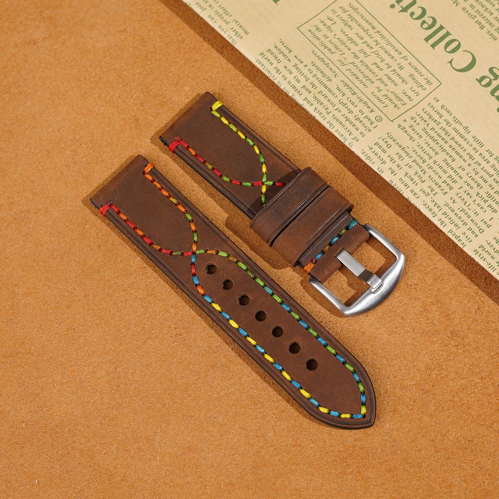Handmade Color Thread First Layer Crazy Horse Leather Universal Watch Strap Adaptation 18 20 22 24 26mm