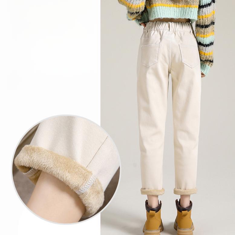 Haren Fleece Jeans for Women Autumn and Winter High Waist Loose Tight Waist Carrot Dad Pants for Women